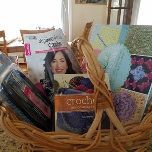 Basket of brand new crocheting items perfect for beginners